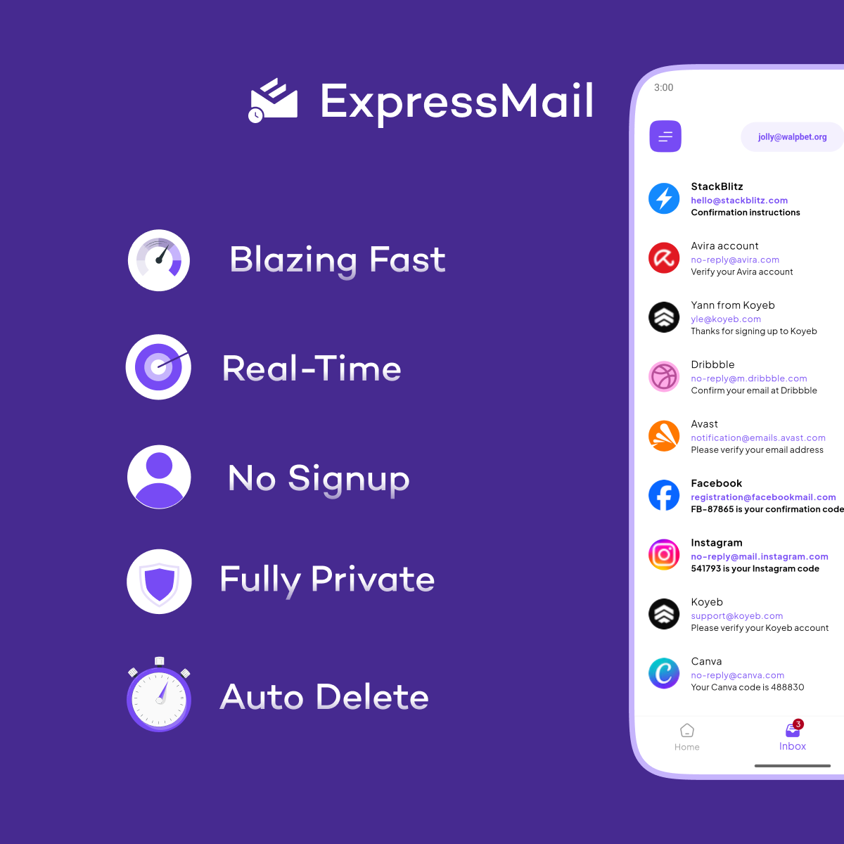 ExpressMail app interface showing temporary email generation