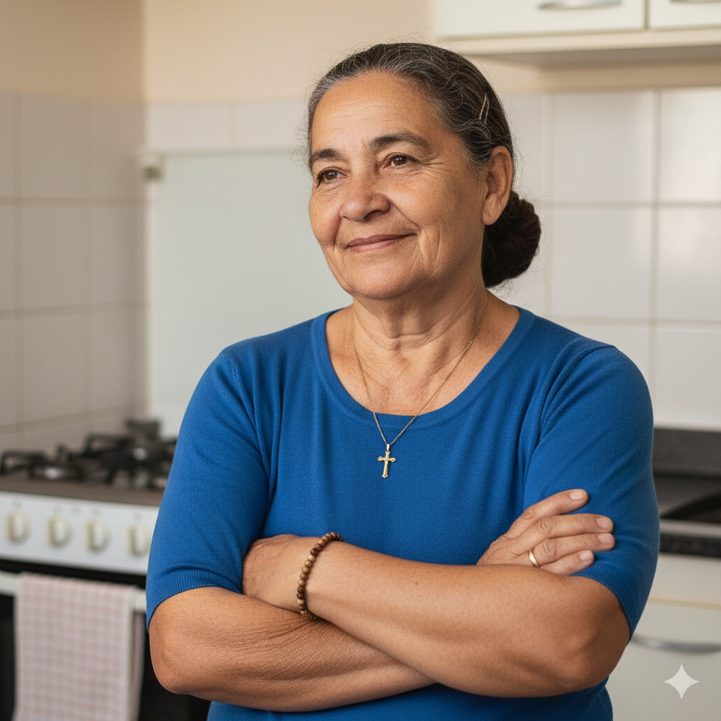 Portrait of a wise, elderly woman with a kind smile, representing Dona Jurema.