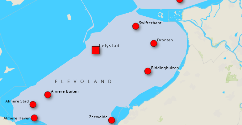 Kaart die Lelystad, Almere en Dronten in Flevoland (Nederland) toont