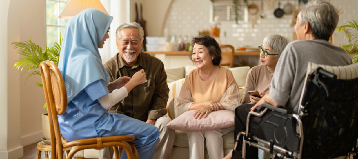 Kind helper supporting an elderly person at home