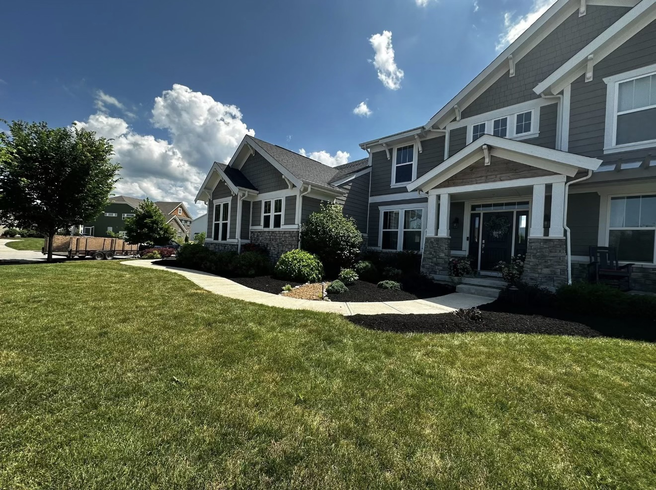 Manicured lawn with lush garden