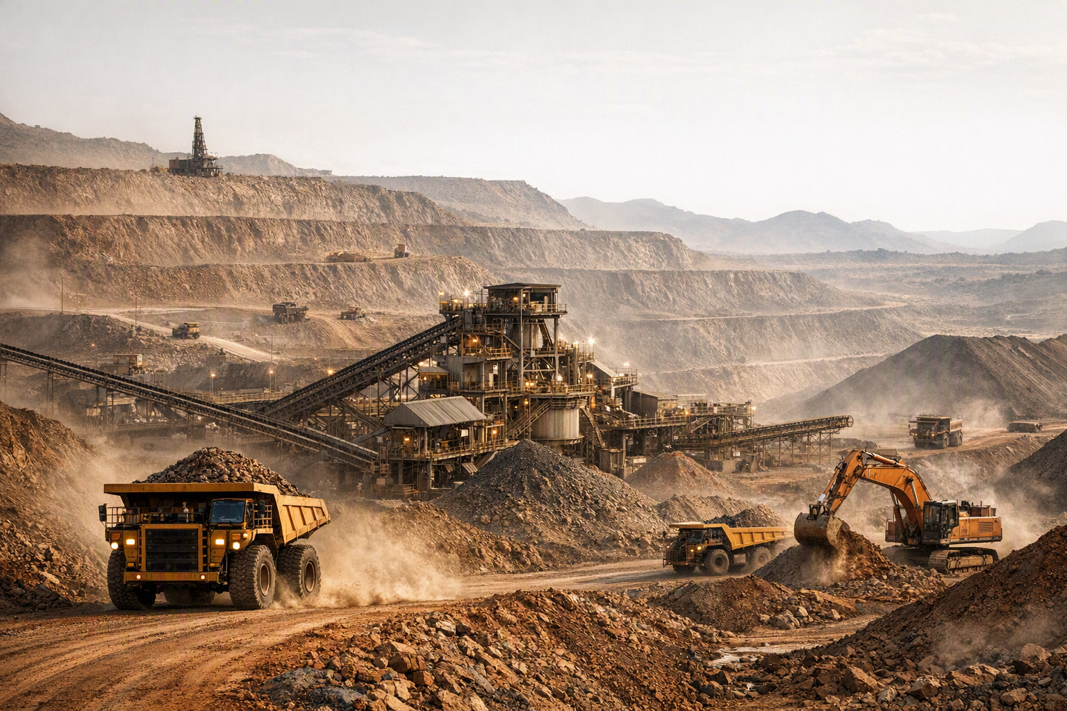 Large-scale mining infrastructure and earthworks viewed from above