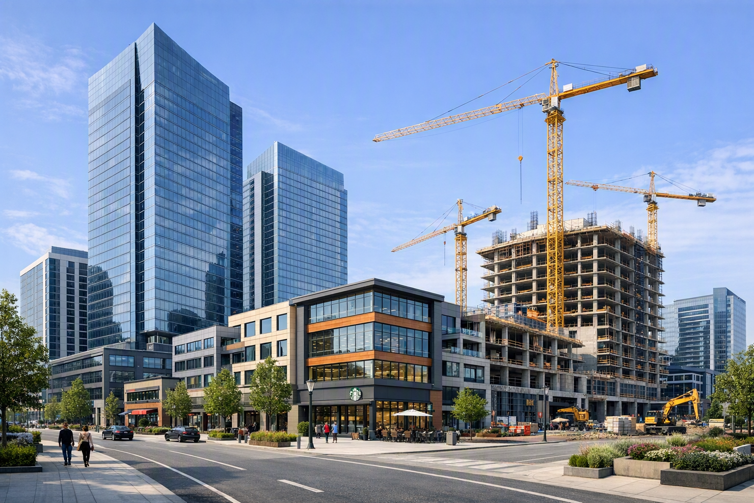 Commercial and mixed-use development with office towers and active construction