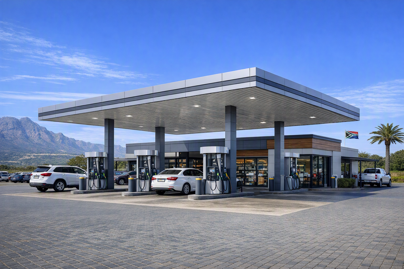 Modern fuel retail development project with forecourt canopy and convenience store