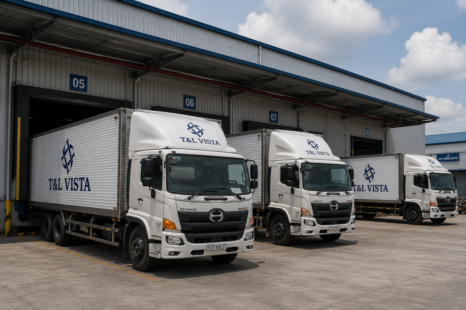 Đội xe tải và xe ô tô phục vụ vận tải và di chuyển