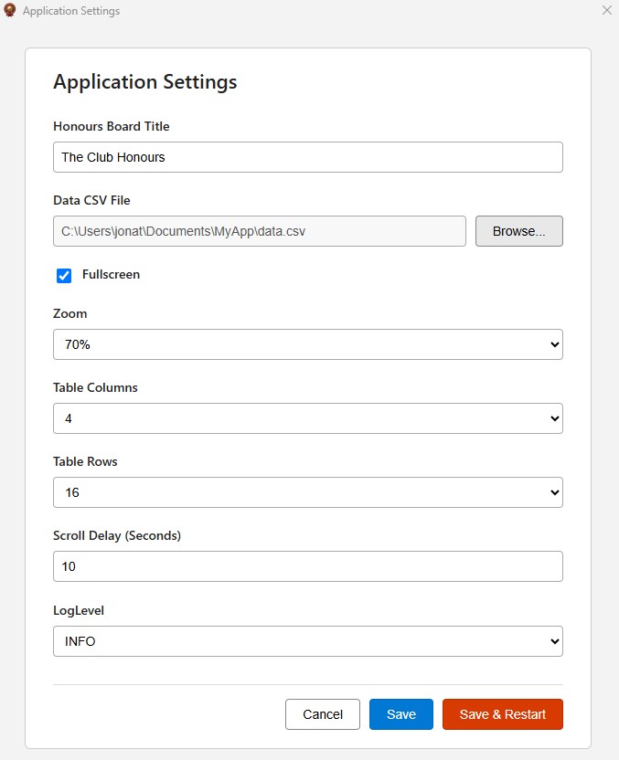 Application settings window showing title, CSV file selection, fullscreen checkbox, zoom, table columns and table rows controls